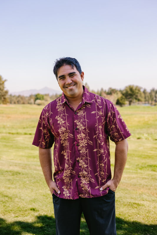 Men’s Aloha Button-Up Shirt (Maroon)